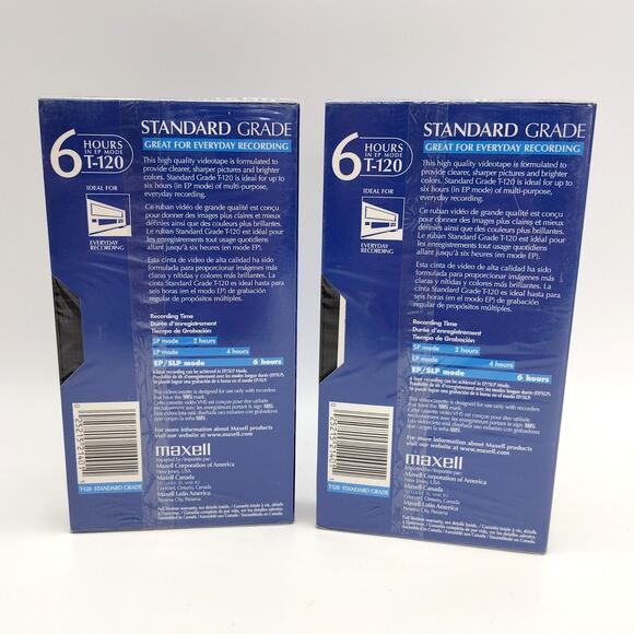 Lot of 2 Maxell Standard Grade T-120 6 Hours Blank VHS Videocassettes Tapes New - Picture 2 of 3